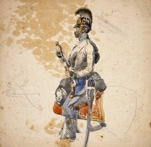 أظهر جندي من فوج دراغون الخامس إعادة شحن مسدس حصانه ، 1840-1850 (قلم رصاص ولون مائي)