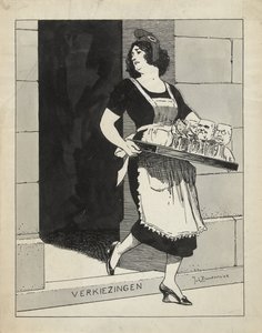 تصميم للتوضيح في De Amsterdammer: العذراء الهولندية كخادمة بصينية من الزجاج تتعثر فوق الانتخابات (17 مايو 1924)