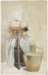 Sitzendes Mädchen in Tracht ، Rückenansicht (فتاة تجلس في زي وطني ، تُرى من الخلف)