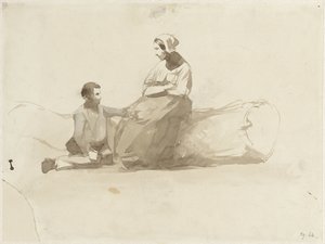 امرأة على جذع شجرة وصبي مع كتاب