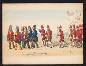حفلة تنكرية لطلاب دلفت ، 1857 (اللوحة 1) موكب بالملابس أقامه أعضاء فيلق طلاب دلفت في الخامس من مايو 1857 ، يصور موكب غاريبيغ لسلطان دجوكارتا وأكثر الأنواع المميزة من شمال