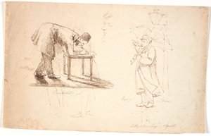 Studieblad ، يعرض التلفاز الفنان نفسه ، ينحني للأمام ، يرسم على كرسي أو طاولة صغيرة. رسم فوق دراستين لضابط ورجل نبيل في اللباس. في الوسط رئيس الدراسة ، صورة ذاتية. يقف الفنان بمظلة في الشارع بجانب المصباح و بواسطة يوهان توماس لوندبي