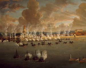 أسطول غوستاف الثالث السويدي يفرض حصارًا على فريدريكشافن ، 20 مايو 1790 ، بقلم يوهان تيتريش شولتز (1754-1807) ، الحروب الروسية السويدية ، الدنماركية
