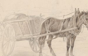 عربة رسمها حصان بني بالقرب من عمود المصباح ، ظهر: مجموعة من الضباط المركبين ، كاليفورنيا. 1815.