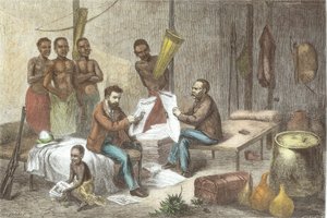 ديفيد ليفينغستون (1813--1873) والسيد هنري مورتون ستانلي (1841-1904) يستقبلان الصحف في وسط أفريقيا ، نقشتهما بيرسون (تلوين فيما بعد) بواسطة يوهان المعمدان زويكر