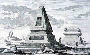 الأهرامات التي تشير إلى قبر الملك سوتيس من مصر ، وجدت في أنقاض مصر الجديدة. من "Entwurf einer historyischen Architektur"