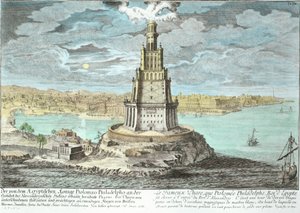 المنارة في الإسكندرية ، التي بناها بطليموس الكبير (36 بعد 30 قبل الميلاد) ، مصر ، من Entwurf einer Historischen Architektur ، محفورة بواسطة Johann Adam Delsenbach (1687-1765) 1721 (لون لاحق