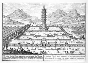 برج نانكينغ الخزفي ، اللوحة 12 من "تصميم عمارة تاريخية" ، نقشها يوهان آدم ديلسنباخ (1687-1765) 1721