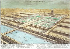 منظر لبابل القديمة يظهر الحدائق المعلقة ومعبد جوبيتر بيلوس ، اللوحة 3 من "Entwurf einer historyischen Architektur" ، محفورة بواسطة يوهان آدم ديلسنباخ (1687-1765) 1721 (engravi