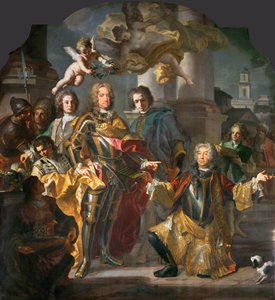 الإمبراطور تشارلز السادس (1685-1740) والكونت مايكل يوهان فون ألثان (1679-1722) (ألثان يعطي تشارلز قائمة جرد اللوحات في ستالبورغ في فيينا) - يوهان جوتفريد أورباخ (1697-1753). زيت على قماش
