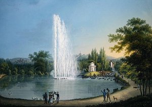 النافورة العظيمة ، حوالي 1820 (لون ليثو) بواسطة يوهان هاينريش بلولير