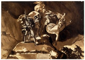 الساحرات العائمة فوق ماكبث وبانكو (Les sorcieres flottant au dessus de Macbeth et Banquo) - par Fussli (Fuseli) ، Johann Heinrich (1741-1825) ، - قلم ، فرشاة ، حبر بني هندي ، لون أبيض ، طباشير أسود على ورق 46.5x66.2 - مجموعة خاصة