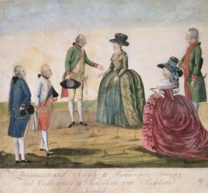 لقاء بين جوزيف الثاني من ألمانيا (1741-1790) والإمبراطورة كاثرين العظيمة (1729-1996) في كويداك ، 18 مايو 1787 (نقش ألواح نحاسية ملونة)