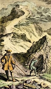 علم الحفريات القديمة: اكتشف عالم الطبيعة السويسري يوهان جاكوب شوتشزر (1672-1733) في الجبال السويسرية آثار الطوفان العالمي بفضل الحفريات. نقش من "متحف Diluvianum" "