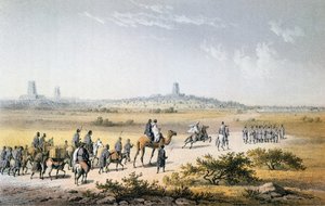مدخل قافلة هاينريش بارث (1821-65) إلى تمبكتو في عام 1853 ، من `` رحلات واكتشافات في شمال ووسط أفريقيا &39;&39; بواسطة بارث ، نقشها إبرهارد إيمينجر (1808-1885) نشر عام 1857 (كولو