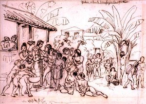 الهنود يزورون عقارًا ، البرازيل ، حوالي عام 1825 (قلم حبر وحبر بني على قلم رصاص)