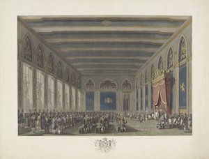 تأسيس الدولة العامة من قبل الملك ويليام الأول في بروكسل في 21 سبتمبر 1815 اثنتا عشرة لوحة لوصول وتنصيب ويليام الأول في بروكسل ومعارك كواتر-براس وواترلو في عام 1815 (عنوان السلسلة) بواسطة جيه إل فان بيفر