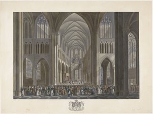 مباركة الملك ويليم الأول في كنيسة القديس جودول في بروكسل في 21 سبتمبر 1815 اثنتا عشرة لوحة لوصول وتنصيب ويليام الأول في بروكسل ومعارك كواتر-براس وواترلو في عام 1815 (عنوان السلسلة) بواسطة جيه إل فان بيفر