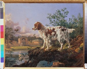 خاصية كوزمينكي. دائري. كلب في المناظر الطبيعية. عمل يوهان نيبوموك راوخ (1804-1847) ، زيت على ورق مقوى