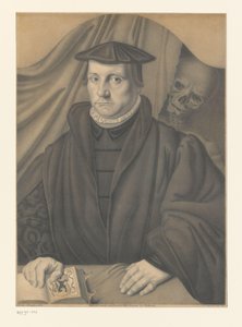 صورة لرجل مجهول بهيكل عظمي خلفه أعمال من مجموعة الأخوين Boisserée (عنوان المسلسل) Galerie des Frères Boisseree (عنوان المسلسل)