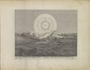 Eerste scheppingsdag: scheiding van licht en darknessen شيبينج فان دي ويرلد (عنوان المسلسل) هذا هو المسرح التوراتي للتاريخ المقدس للعهدين القديم والجديد المعبر عنه في لوحات برونزية (عنوان السلسلة) بواسطة مارتن دي فوس