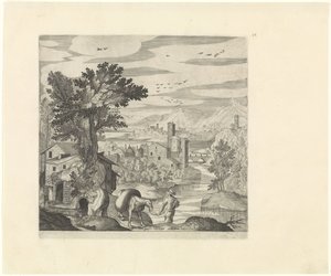 منظر طبيعي مع مزارع وحماره المناظر الطبيعية الإيطالية (عنوان المسلسل) بواسطة يوهان سادلر (أنا)