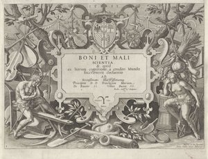 إطار مزخرف مع آدم وحواء تاريخ عائلة قابيل / في العمل الجيد والسيئ (عنوان المسلسل) Boni et mali Scientia (عنوان السلسلة على الكائن) بواسطة مارتن دي فوس