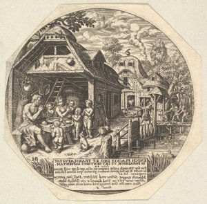 أخنوخ وعائلته يحيطون بطاولة طعام ويمسكون بأيديهم في إيماءة ... ، كاليفورنيا. 1580-1623.