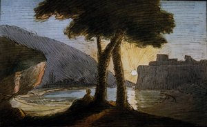 غروب الشمس على الآثار الرومانية. لوحة مائية ليوهان فولفجانج فون جوته (1749-1832). بداية القرن التاسع عشر