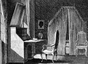 غرفة ويرذر ، رسم توضيحي لدانيال تشودويكي (1726-1801) ، نقش مستوحى من أحزان يونغ ويرثر بواسطة يوهان فولفغانغ فون غوته (1749-1832)