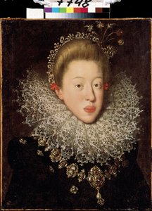 "" صورة آن النمسا (1585-1618) (آن هابسبورغ أو تيرول) ، إمبراطورة الإمبراطورية المقدسة "" لوحة رسمها هانز فون آخن (1552-1615) أوائل القرن السابع عشر لفيف ، متحف الفنون الجميلة