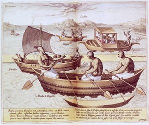 القوارب في غوا ، توضيح من "جان هيوجين فان لينشوتن ، حديثه عن الرحلات إلى جزر الهند الشرقية والغربية" ، 1579-1592