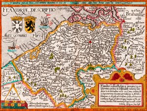 خريطة فلاندرز ، بعد رسام الخرائط ماتياس كواد من كتابه "Fasciculus Geographicus" ، تلوين اليد في وقت لاحق (نقش ملون)