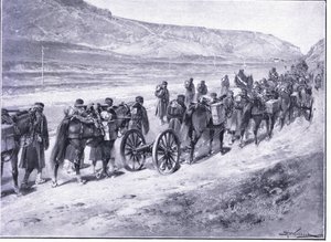بطارية من البنادق الميدانية في طريقها إلى Ichon ، التوضيح من Casells History of Russo-Japanese War Vol 1 ، c.1900