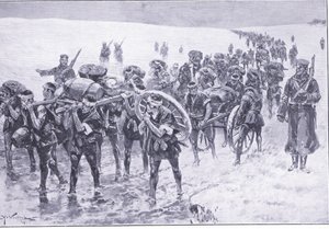 مسيرة يابانية. رجال في مكان حزم المهور ، توضيح من Casells History of Russo-Japanese War Vol 1 ، c.1900