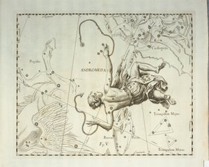كوكبة أندروميدا الشمالية من أندروميدا ، نقش من الأطلس السماوي Firmamentum Sobiescianum sive Uronographia ، بقلم يوهان هيفيليوس (1611-1687) ، غدانسك بواسطة يوهانس هيفيليوس