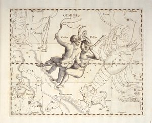 برج الجوزاء من برج الجوزاء ، نقش من الأطلس السماوي Firmamentum Sobiescianum sive Uronographia ، بقلم يوهان هيفيليوس (1611-1687) ، غدانسك بواسطة يوهانس هيفيليوس