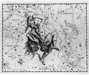 كوكبة بيرسي. لوحة مرسومة من "" Firmamentum Sobiescanum sive Uranographia "بواسطة يوهانس هيفيليوس أو هيفيل (1611-1687) بواسطة يوهانس هيفيليوس