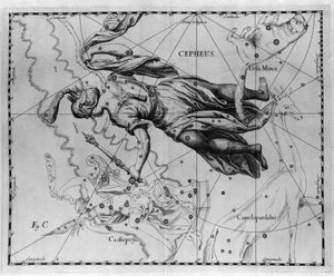 كوكبة Cepheus (أو Cephee) ملك إثيوبيا. لوحة مرسومة من "" Firmamentum Sobiescanum sive Uranographia "بواسطة يوهانس هيفيليوس أو هيفيل (1611-1687)