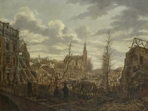 The Rapenburg ، Leiden ، بعد ثلاثة أيام من انفجار سفينة مسحوق في 12 يناير 1807