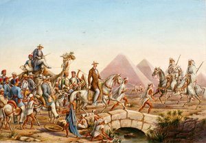 أمير بروسيا مع الوفد المرافق له يتجول في أهرامات الجيزة (ألوان مائية على ورق) بواسطة يوهانس رابي