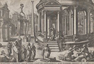 زكريا يخرج من الهيكل ، من سلسلة الأحداث في وحول الهيكل ، ... ، كاليفورنيا. 1572. التأليف: Johannes van Doetecum I، Lucas van Doetecum. بواسطة يوهانس ولوكاس فان دويتكوم