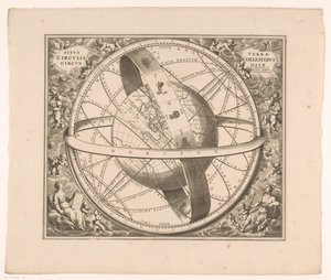 Hemelkaart van de aarde volgens het stelsel van Ptolemaeus موقع الأرض محاط بدوائر سماوية (العنوان على الجسم) بواسطة جيرارد فالك
