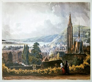 Caudebec ، من "مناظر على نهر السين" ، نقش بواسطة توماس ساذرلاند (مواليد 1785) نشره آر. أكرمان (1764-1834) 1821 (ليثو ملون) بواسطة جون (بعد) جيندال