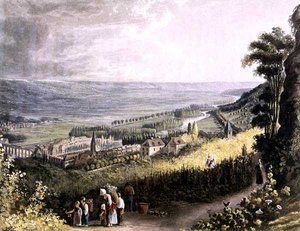 ميولان ، من "مناظر على نهر السين" ، نقش بواسطة توماس ساذرلاند (مواليد 1785) نشره آر. أكرمان (1764-1834) 1821 (ليثو ملون)