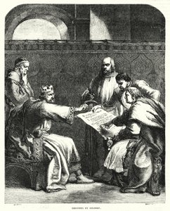 King John refusing to sign the Magna Charta at Oxford, in 1215 (engraving) بواسطة جون (بعد) جيلبرت