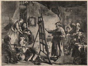 The STUDIO OF REMBRANDT - نقش بعد رسم J. Gilbert - l'atelier de Rembrandt Harmenszoon van Rijn (1606-1669) - نقش لجون جيلبرت (1817-1897) بواسطة جون (بعد) جيلبرت
