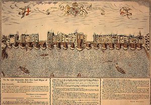 منظر جسر لندن من الشرق إلى الغرب ، أعيد طبع نقش عام 1624 بواسطة يوحنا (بعد) الشمال