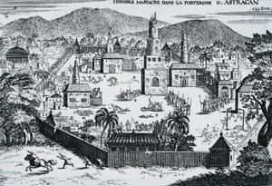 قام القوزاق بقيادة ستيبان رازين بمهاجمة قلعة أستراخان عام 1670 ، روسيا بواسطة والتر تشارلز ميلز