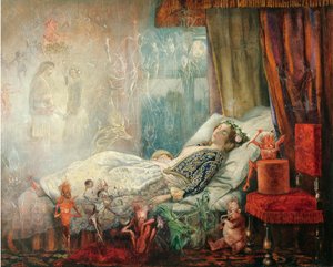 "Le reve apres le bal masque" (الحلم بعد الكرة المقنعة) Peinture de John Anster Fitzgerald (1832-1906) - ألوان زيتية على قماش ، 35،5x44،5 - مجموعة خاصة بواسطة جون أنستر فيتزجيرالد